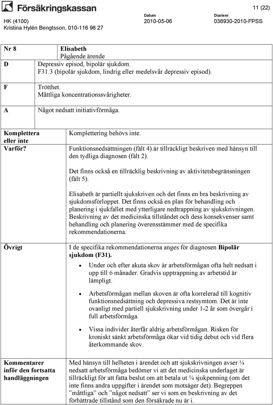 Det finns också en tillräcklig beskrivning av aktivitetsbegränsningen (fält 5). Elisabeth är partiellt sjukskriven och det finns en bra beskrivning av sjukdomsförloppet.