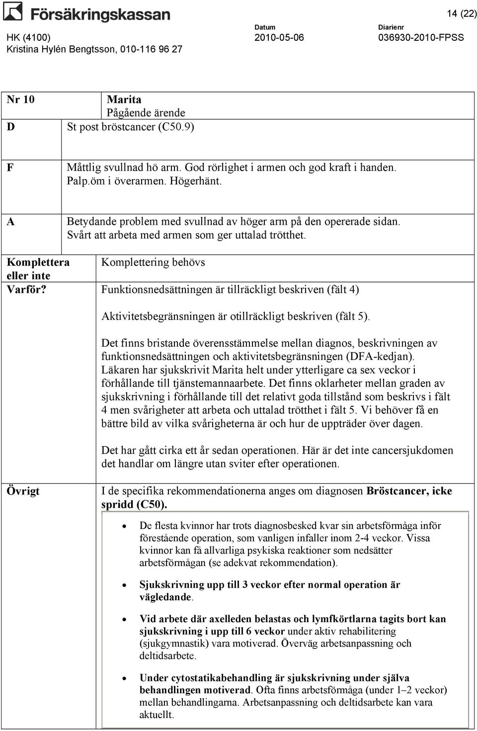 Komplettering behövs unktionsnedsättningen är tillräckligt beskriven (fält 4) ktivitetsbegränsningen är otillräckligt beskriven (fält 5).