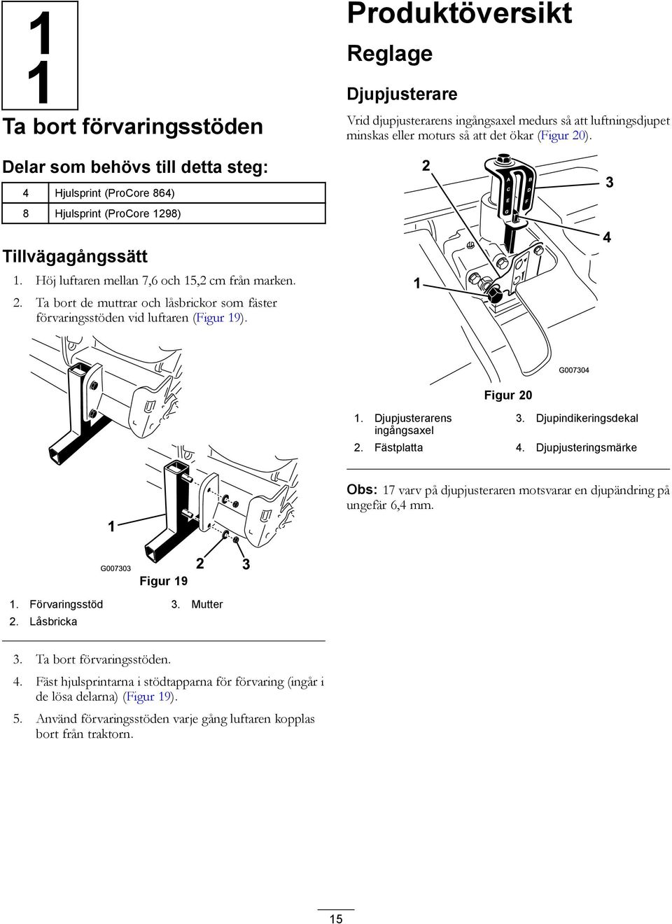 Ta bort de muttrar och låsbrickor som fäster förvaringsstöden vid luftaren (Figur 19). 1. Djupjusterarens ingångsaxel Figur 20 3. Djupindikeringsdekal 2. Fästplatta 4.