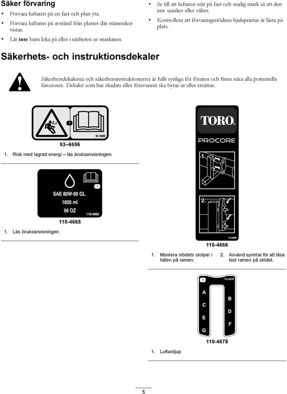 Säkerhets- och instruktionsdekaler Säkerhetsdekalerna och säkerhetsinstruktionerna är fullt synliga för föraren och finns nära alla potentiella farozoner.