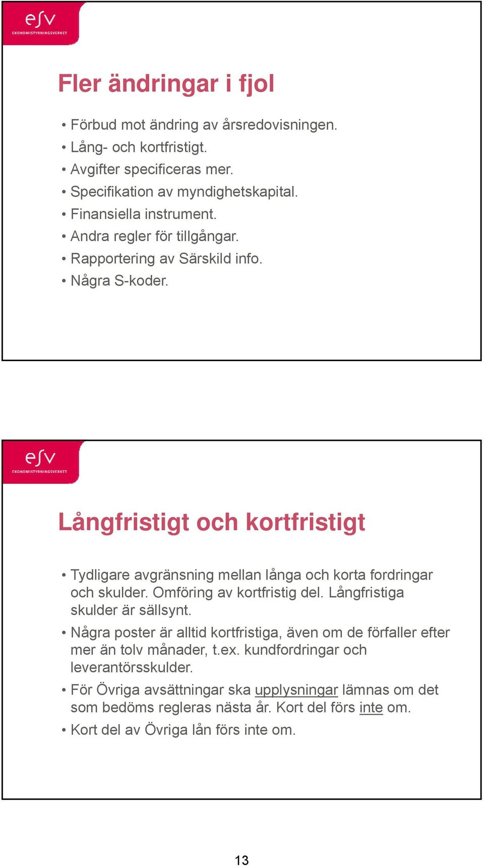 Långfristigt och kortfristigt Tydligare avgränsning mellan långa och korta fordringar och skulder. Omföring av kortfristig del. Långfristiga skulder är sällsynt.