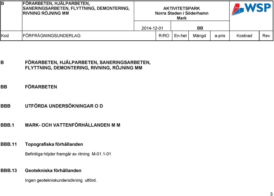 DEMONTERING, RIVNING, RÖJNING MM BB FÖRARBETEN BBB UTFÖRDA UNDERSÖKNINGAR O D BBB.1 MARK- OCH VATTENFÖRHÅLLANDEN M M BBB.