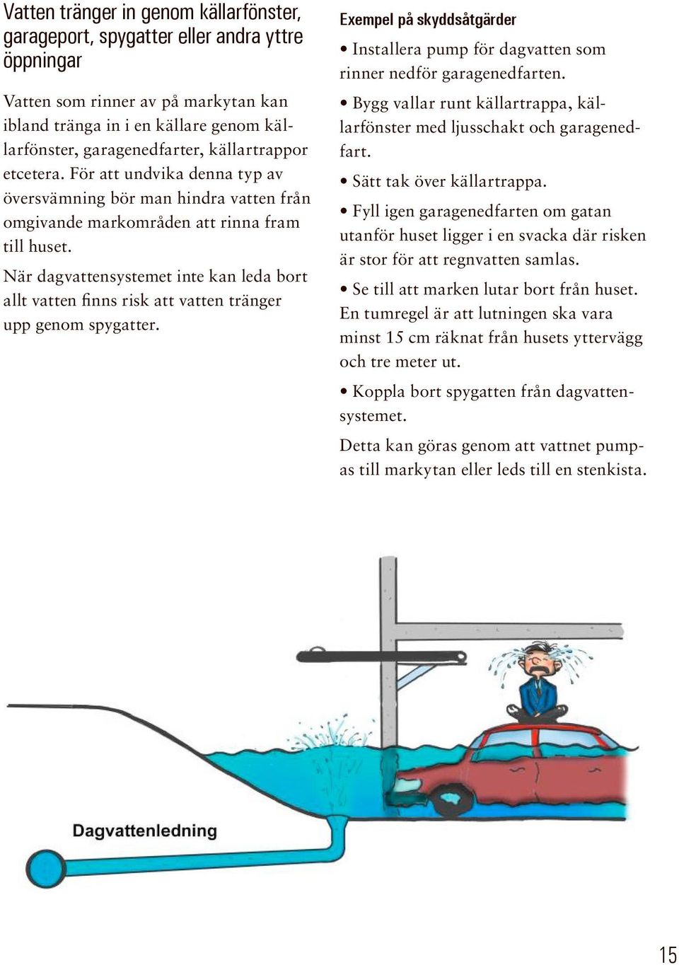 När dagvattensystemet inte kan leda bort allt vatten finns risk att vatten tränger upp genom spygatter. Exempel på skyddsåtgärder Installera pump för dagvatten som rinner nedför garagenedfarten.