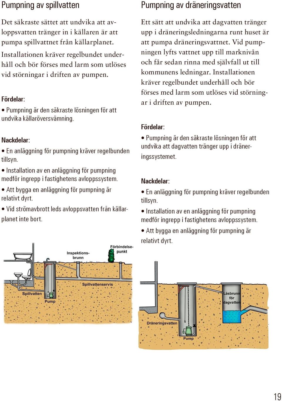 Nackdelar: En anläggning för pumpning kräver regelbunden tillsyn. Installation av en anläggning för pumpning medför ingrepp i fastighetens avloppssystem.