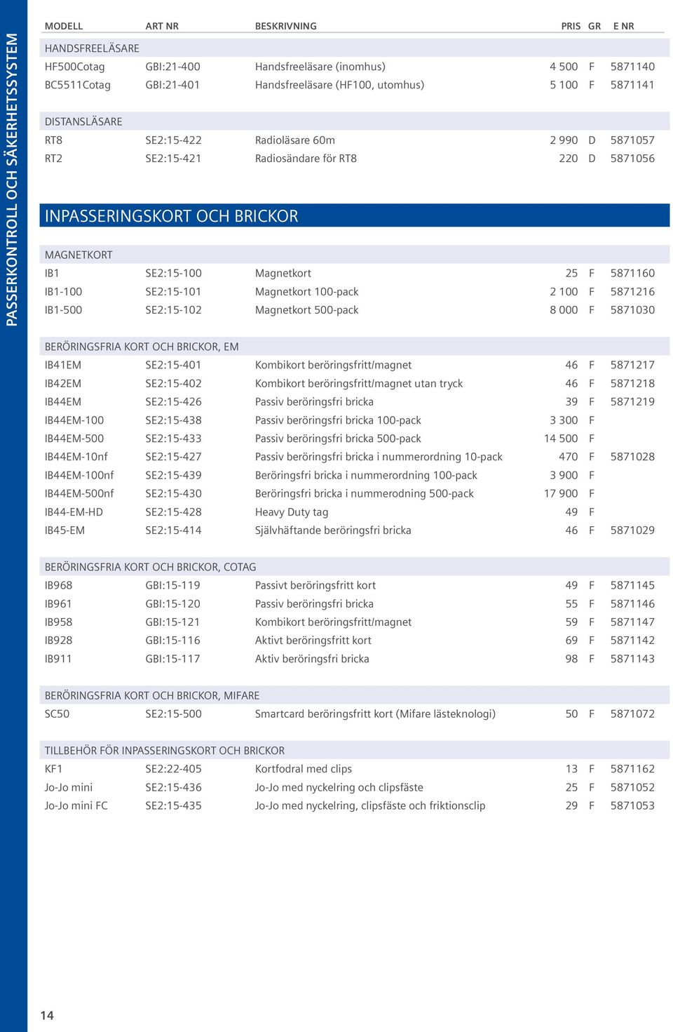 Magnetkort 25 F 5871160 IB1-100 SE2:15-101 Magnetkort 100-pack 2 100 F 5871216 IB1-500 SE2:15-102 Magnetkort 500-pack 8 000 F 5871030 BERÖRINGSFRIA KORT OCH BRICKOR, EM IB41EM SE2:15-401 Kombikort