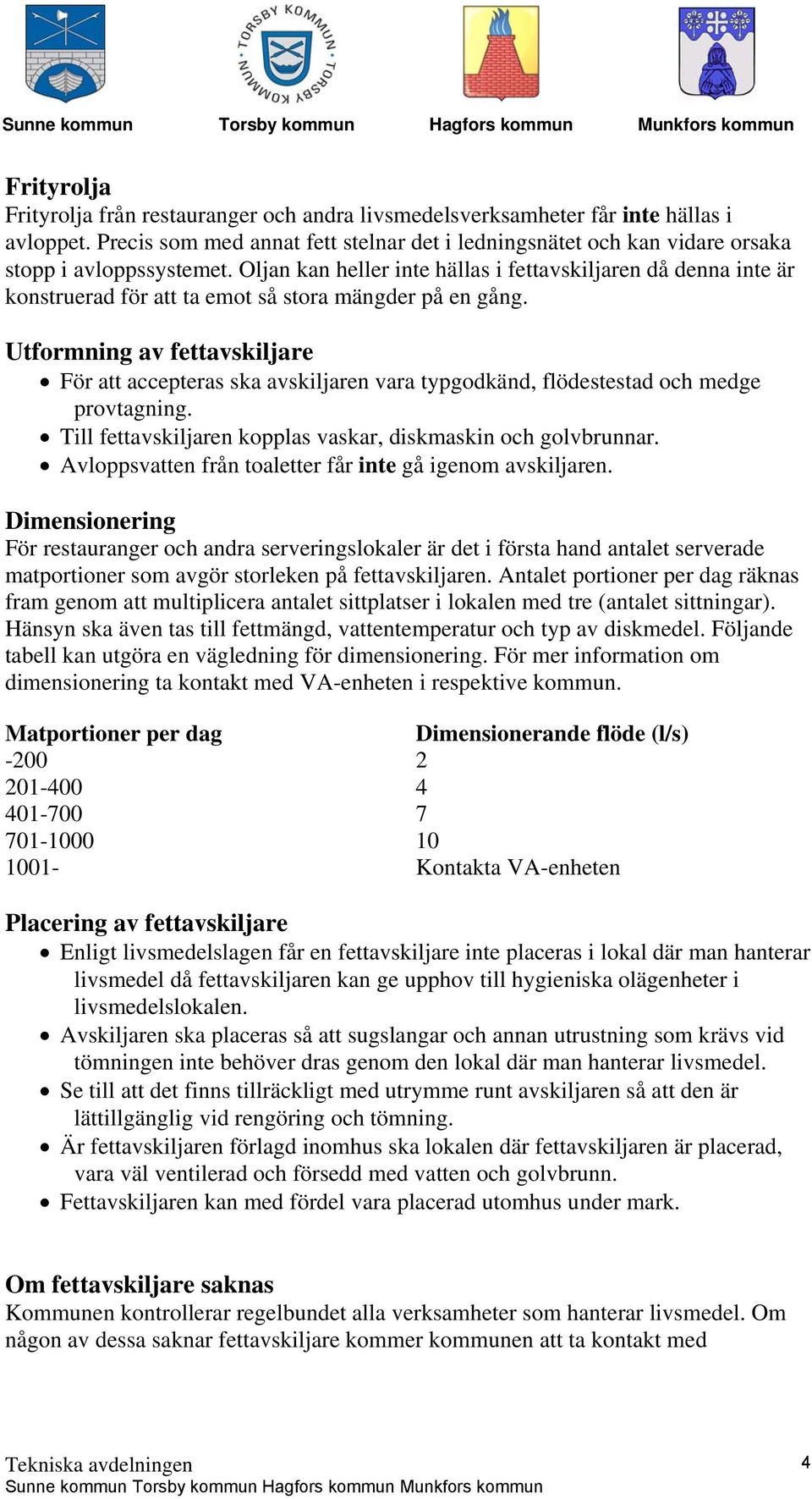 Oljan kan heller inte hällas i fettavskiljaren då denna inte är konstruerad för att ta emot så stora mängder på en gång.