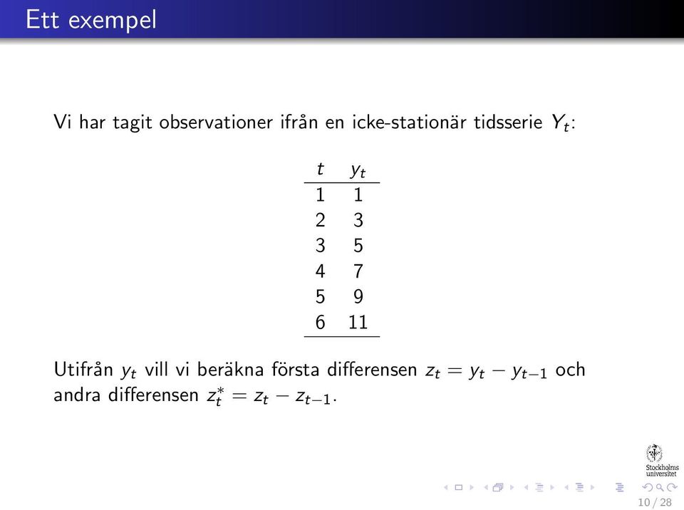9 6 11 Utifrån y t vill vi beräkna första differensen
