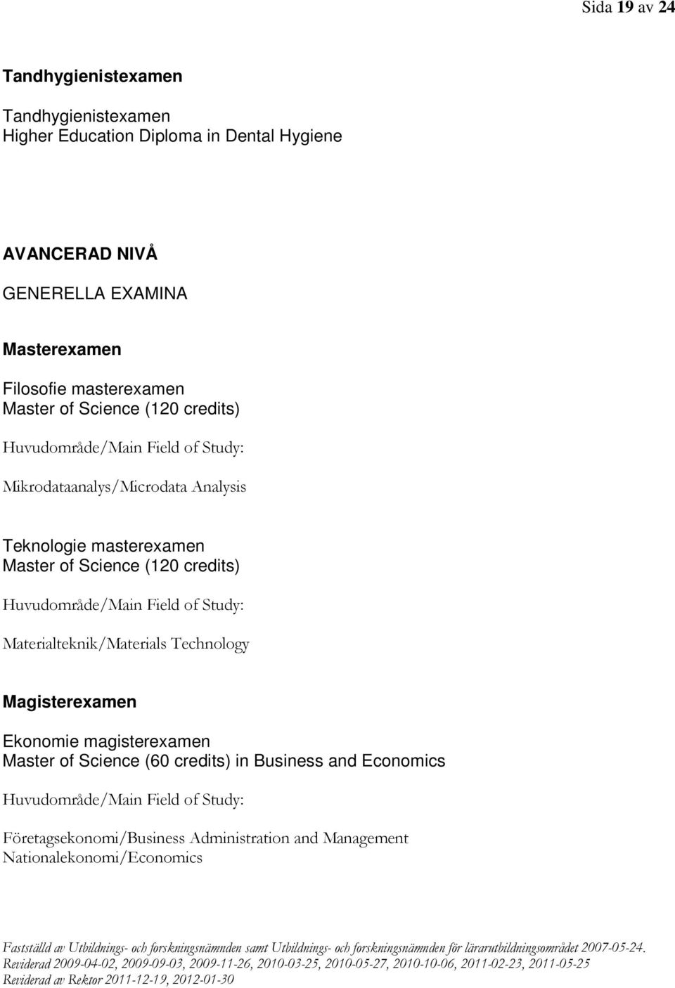 Master of Science (120 credits) Huvudområde/Main Field of Study: Materialteknik/Materials Technology Magisterexamen Ekonomie magisterexamen Master of