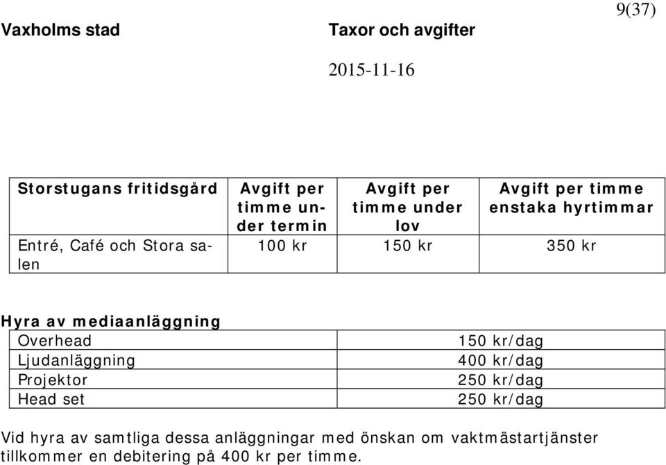 mediaanläggning Overhead Ljudanläggning Projektor Head set 150 kr/dag 400 kr/dag 250 kr/dag 250 kr/dag Vid