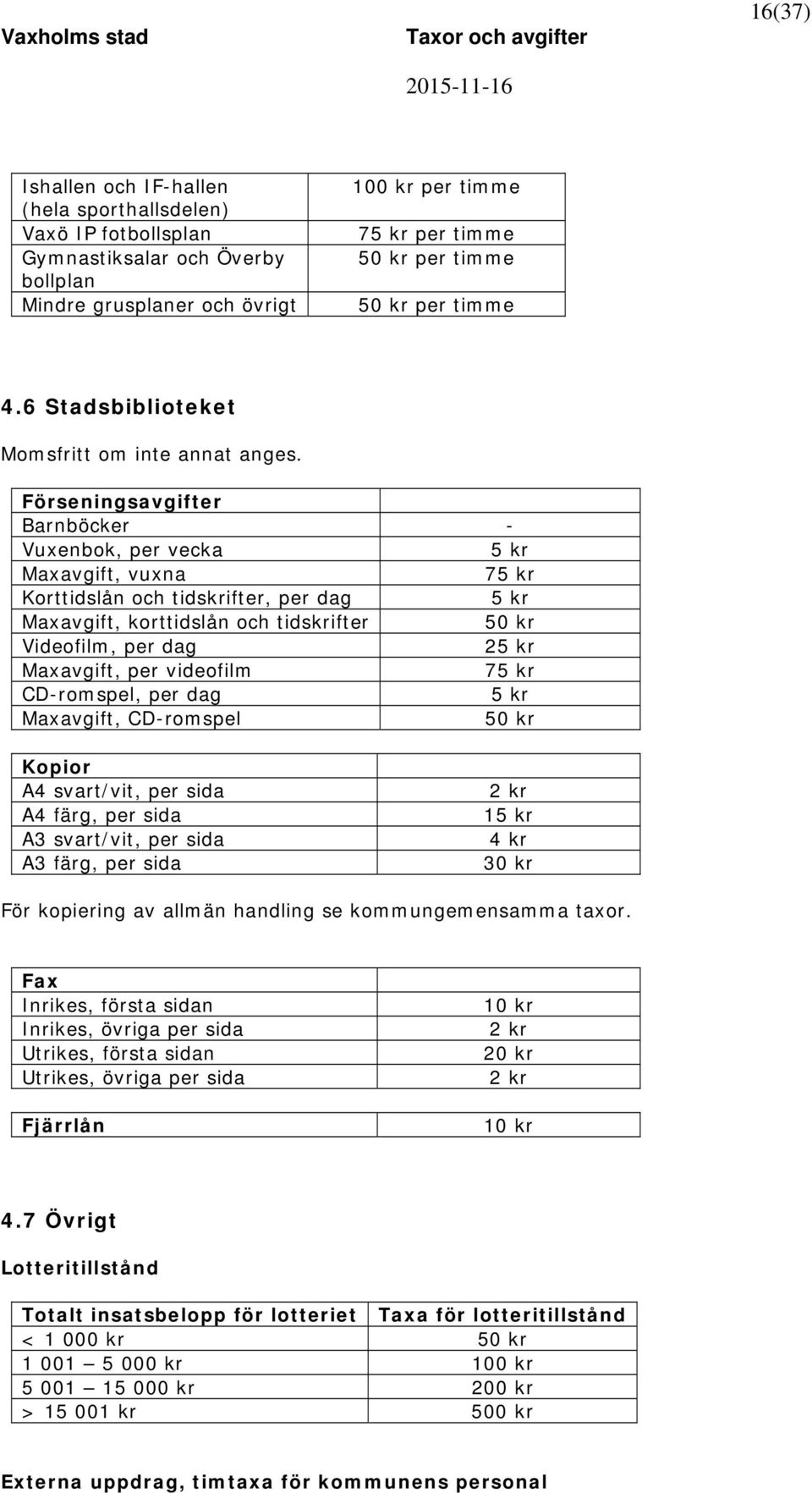 Förseningsavgifter Barnböcker - Vuxenbok, per vecka 5 kr Maxavgift, vuxna 75 kr Korttidslån och tidskrifter, per dag 5 kr Maxavgift, korttidslån och tidskrifter 50 kr Videofilm, per dag 25 kr