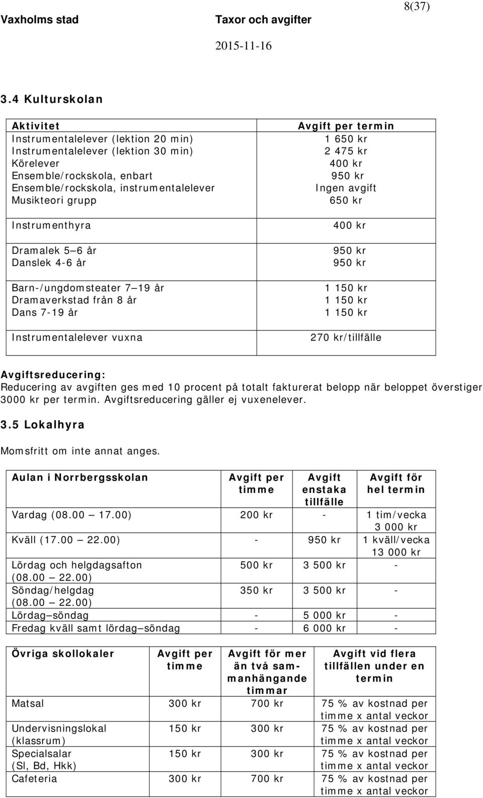 Instrumenthyra Dramalek 5 6 år Danslek 4-6 år Barn-/ungdomsteater 7 19 år Dramaverkstad från 8 år Dans 7-19 år Instrumentalelever vuxna Avgift per termin 1 650 kr 2 475 kr 400 kr 950 kr Ingen avgift