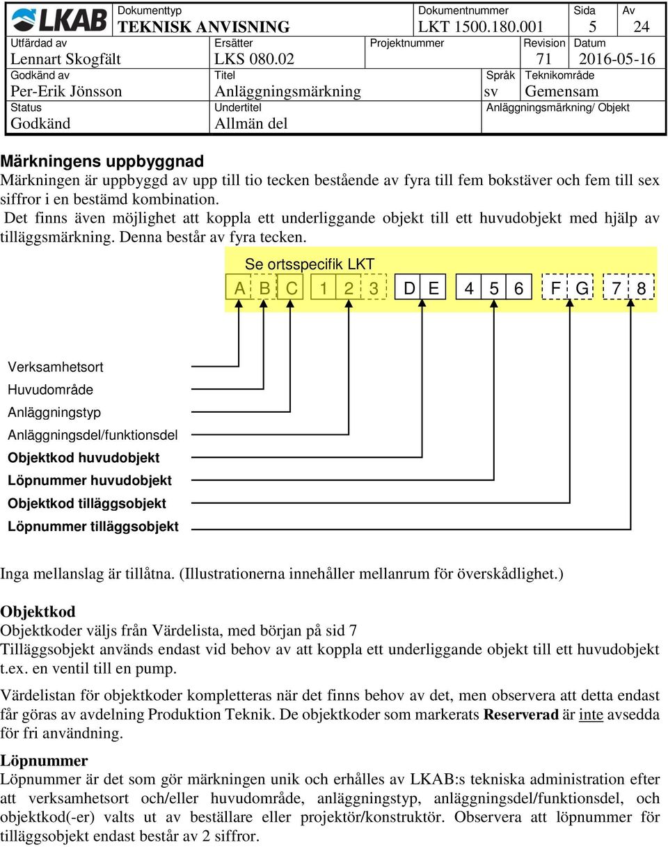 Det finns även möjlighet att koppla ett underliggande objekt till ett huvudobjekt med hjälp av tilläggsmärkning. Denna består av fyra tecken.