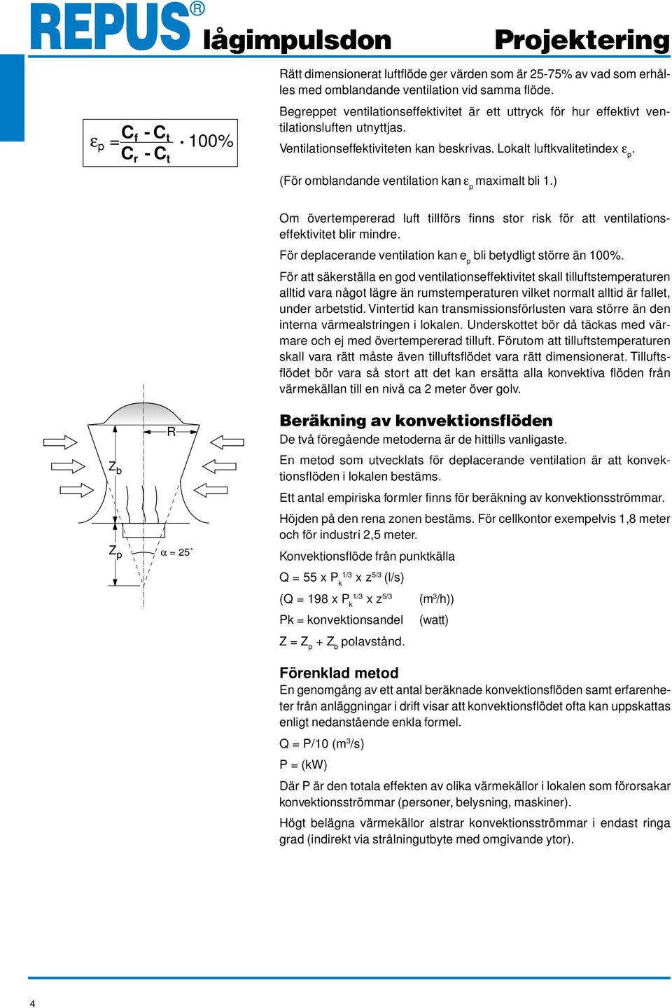 (För omblandande ventilation kan ε p maximalt bli 1.) Z b Z p R α = Om övertempererad luft tillförs finns stor risk för att ventilationseffektivitet blir mindre.