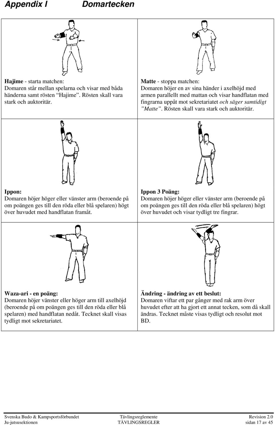 Rösten skall vara stark och auktoritär. Ippon: Domaren höjer höger eller vänster arm (beroende på om poängen ges till den röda eller blå spelaren) högt över huvudet med handflatan framåt.