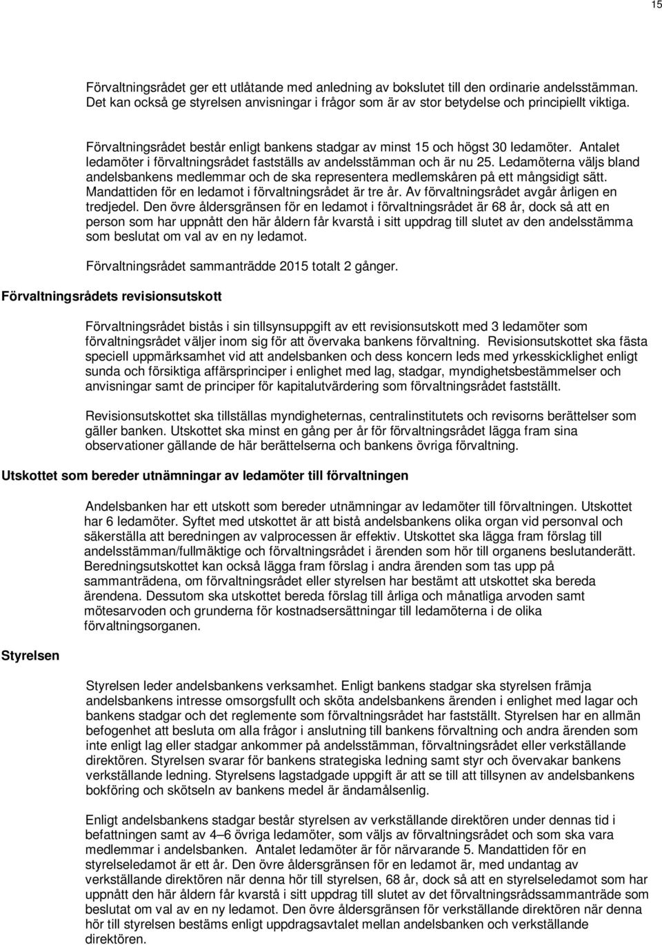 Ledamöterna väljs bland andelsbankens medlemmar och de ska representera medlemskåren på ett mångsidigt sätt. Mandattiden för en ledamot i förvaltningsrådet är tre år.