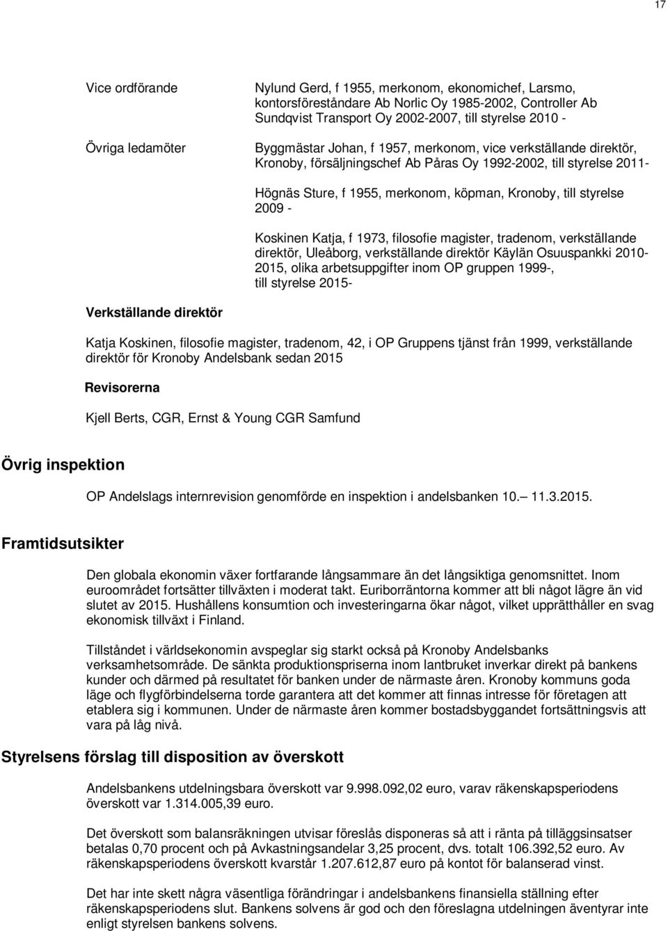 2009 - Koskinen Katja, f 1973, filosofie magister, tradenom, verkställande direktör, Uleåborg, verkställande direktör Käylän Osuuspankki 2010-2015, olika arbetsuppgifter inom OP gruppen 1999-, till