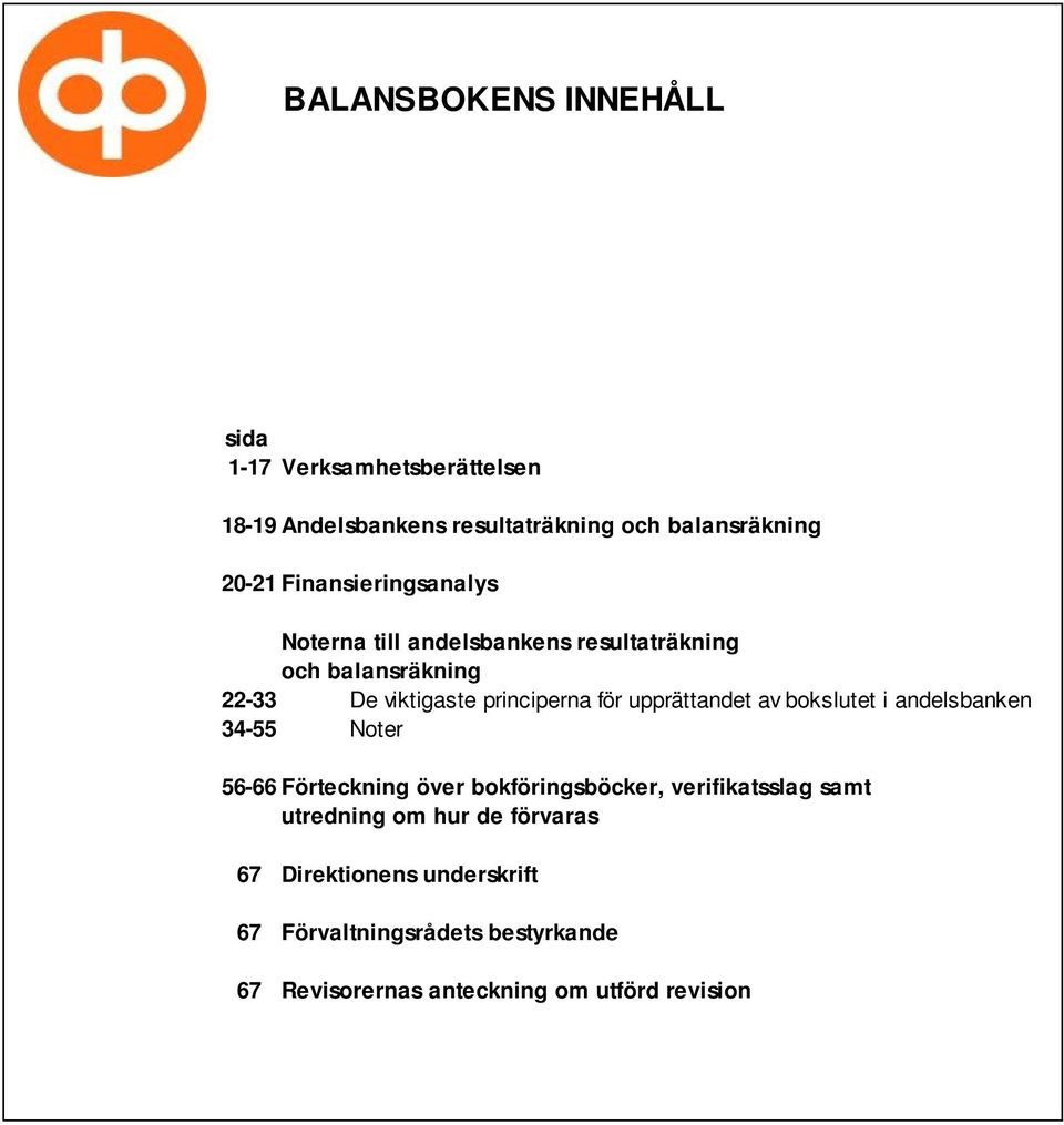 upprättandet av bokslutet i andelsbanken 34-55 Noter 56-66 Förteckning över bokföringsböcker, verifikatsslag samt