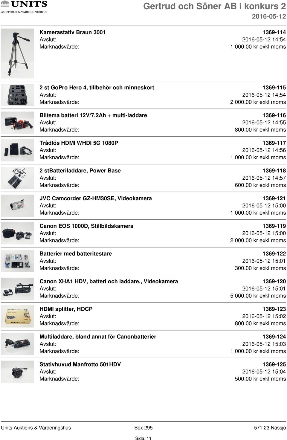 00 kr exkl moms JVC Camcorder GZ-HM30SE, Videokamera 1369-121 Avslut: 15:00 Canon EOS 1000D, Stillbildskamera 1369-119 Avslut: 15:00 Batterier med batteritestare 1369-122 Avslut: 15:01 300.