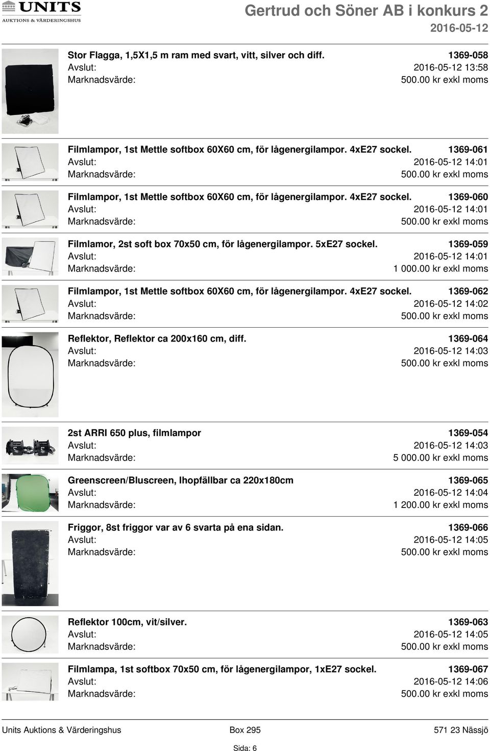 1369-059 Avslut: 14:01 Filmlampor, 1st Mettle softbox 60X60 cm, för lågenergilampor. 4xE27 sockel. 1369-062 Avslut: 14:02 Reflektor, Reflektor ca 200x160 cm, diff.