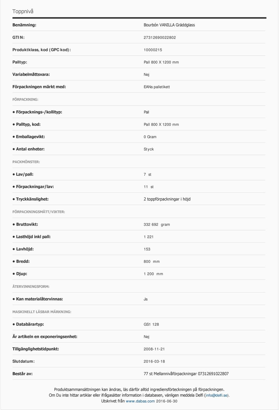 toppförpackningar i höjd FÖRPACKNINGSMÅTT/VIKTER: Bruttovikt: 332 692 gram Lasthöjd inkl pall: 1 221 Lavhöjd: 153 Bredd: 800 mm Djup: 1 200 mm ÅTERVINNINGSFORM: Kan materialåtervinnas: MASKINELLT