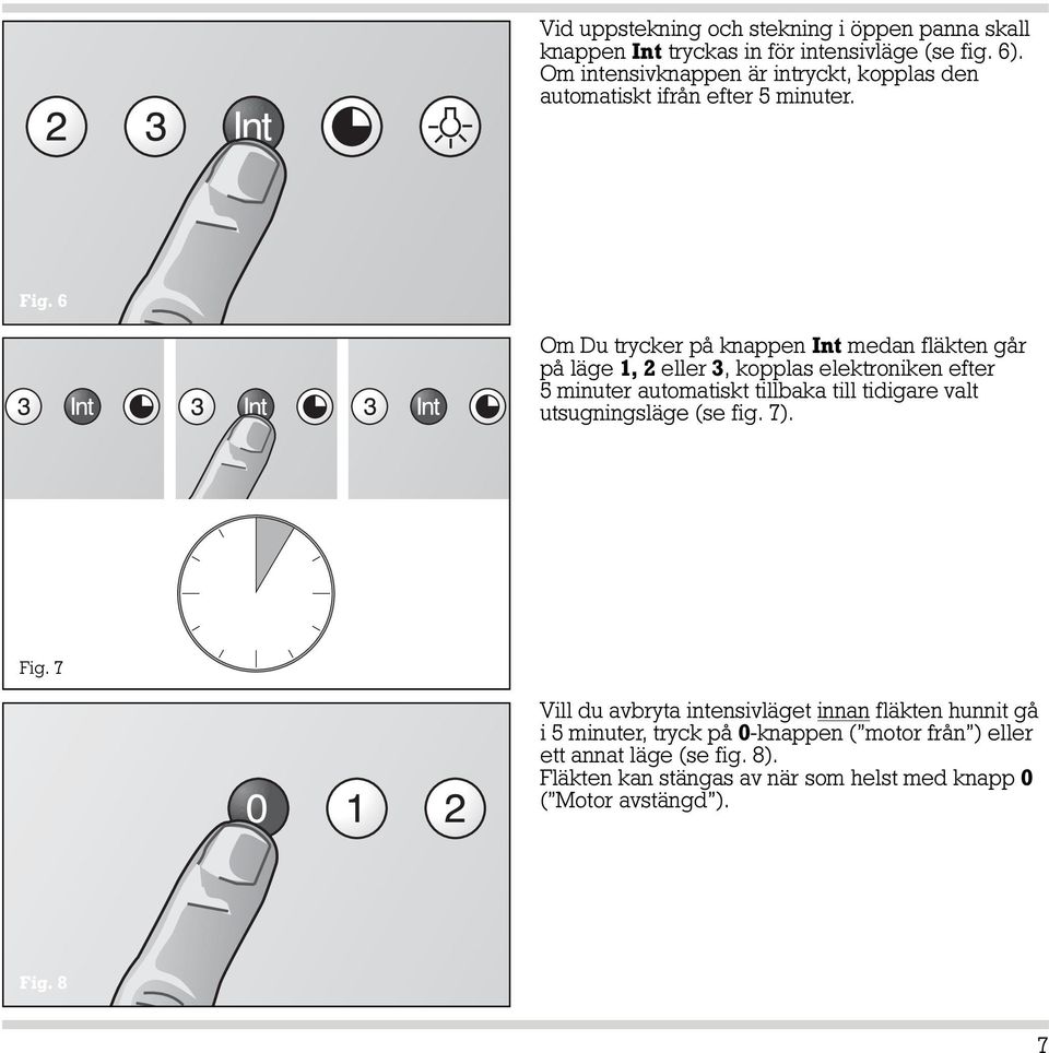 6 Om Du trycker på knappen Int medan fläkten går på läge 1, 2 eller 3, kopplas elektroniken efter 5 minuter automatiskt tillbaka till tidigare