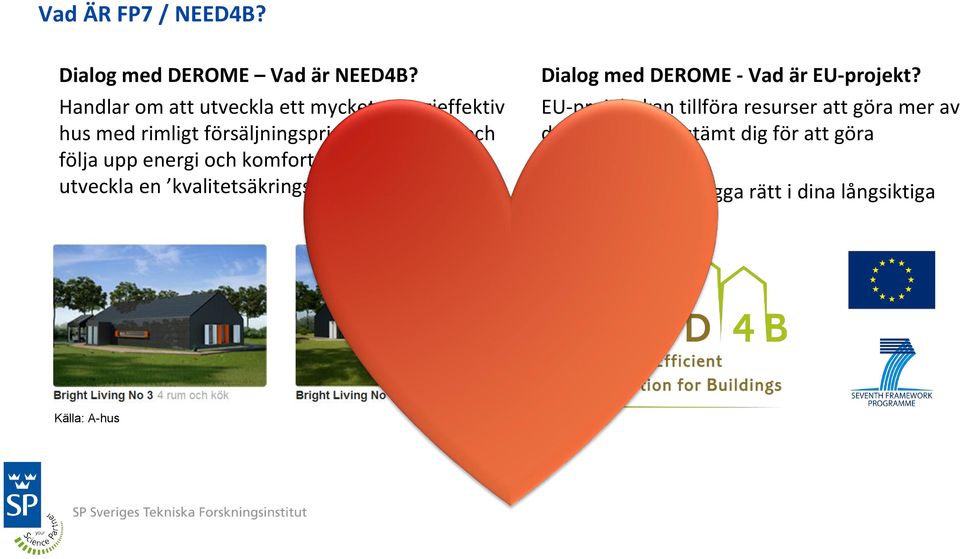 energi och komfort under 2 år, samt utveckla en kvalitetsäkringsmetod Dialog med DEROME - Vad är EU-projekt?