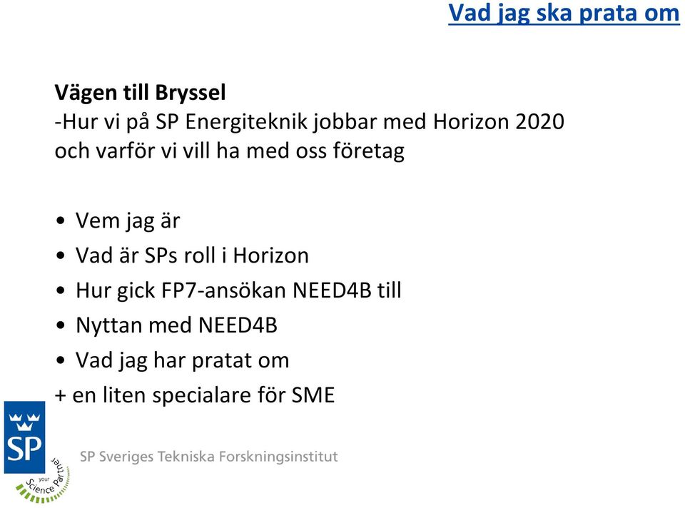 jag är Vad är SPs roll i Horizon Hur gick FP7-ansökan NEED4B till