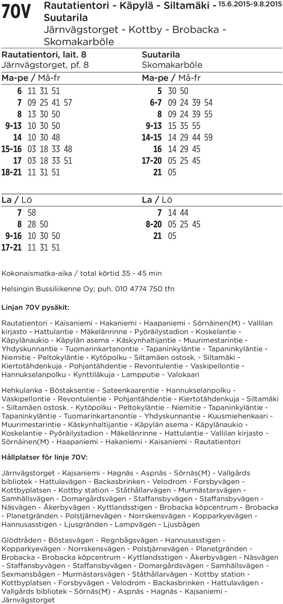 51 17-20 05 25 45 18-21 11 31 51 21 05 7 58 7 14 44 8 28 50 8-20 05 25 45 9-16 10 30 50 21 05 17-21 11 31 51 Kokonaismatka-aika / total körtid 35-45 min Helsingin Bussiliikenne Oy; puh.