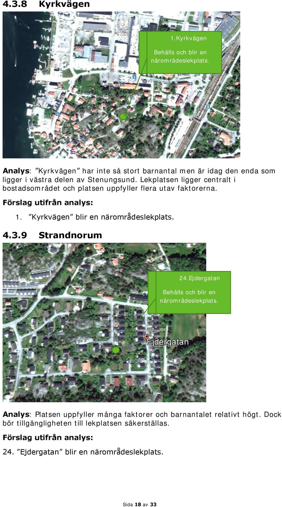 Lekplatsen ligger centralt i bostadsområdet och platsen uppfyller flera utav faktorerna. Förslag utifrån analys: 1. Kyrkvägen blir en närområdeslekplats.