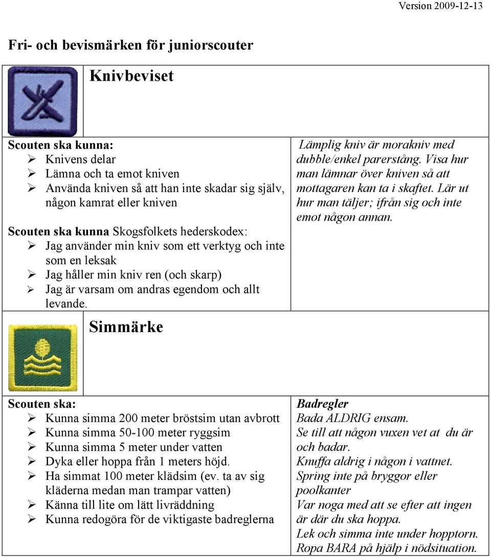 Simmärke Lämplig kniv är morakniv med dubble/enkel parerstång. Visa hur man lämnar över kniven så att mottagaren kan ta i skaftet. Lär ut hur man täljer; ifrån sig och inte emot någon annan.