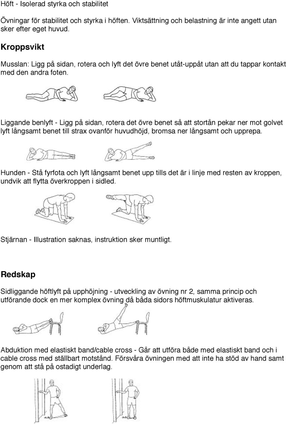 Liggande benlyft - Ligg på sidan, rotera det övre benet så att stortån pekar ner mot golvet lyft långsamt benet till strax ovanför huvudhöjd, bromsa ner långsamt och upprepa.