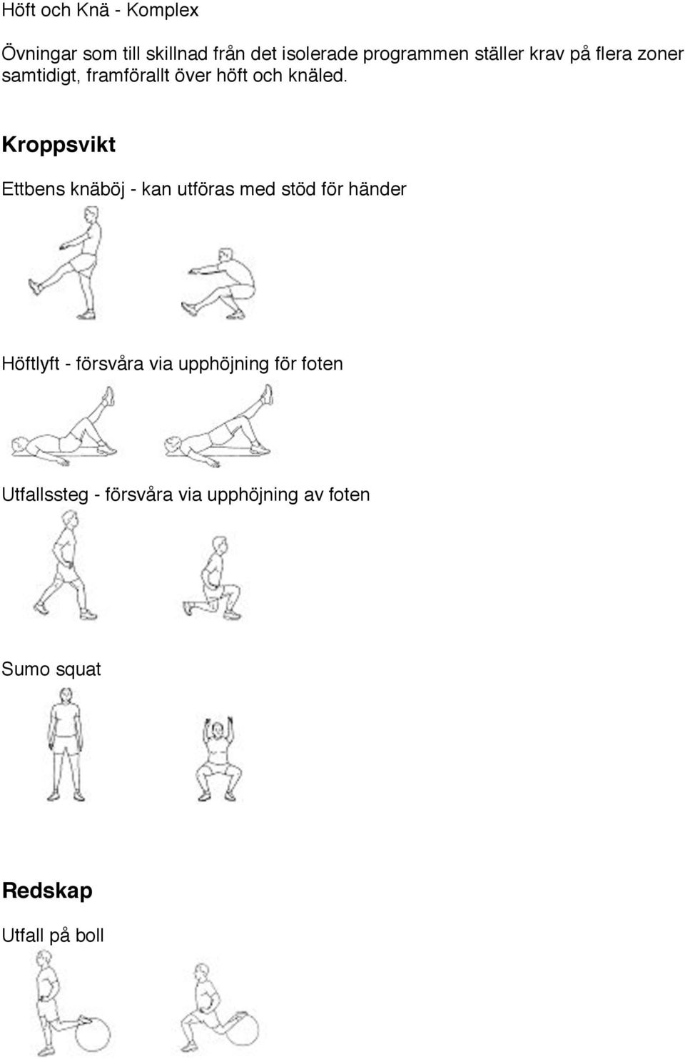 Kroppsvikt Ettbens knäböj - kan utföras med stöd för händer Höftlyft - försvåra via