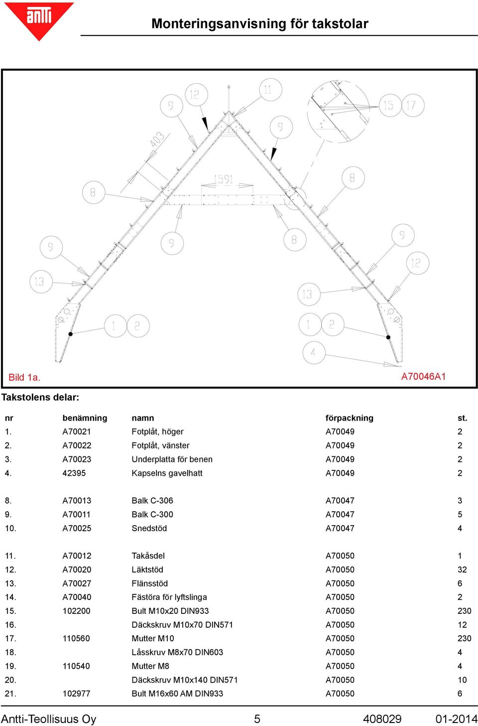 A70020 Läktstöd A70050 32 13. A70027 Flänsstöd A70050 6 14. A70040 Fästöra för lyftslinga A70050 2 15. 102200 Bult M10x20 DIN933 A70050 230 16. Däckskruv M10x70 DIN571 A70050 12 17.