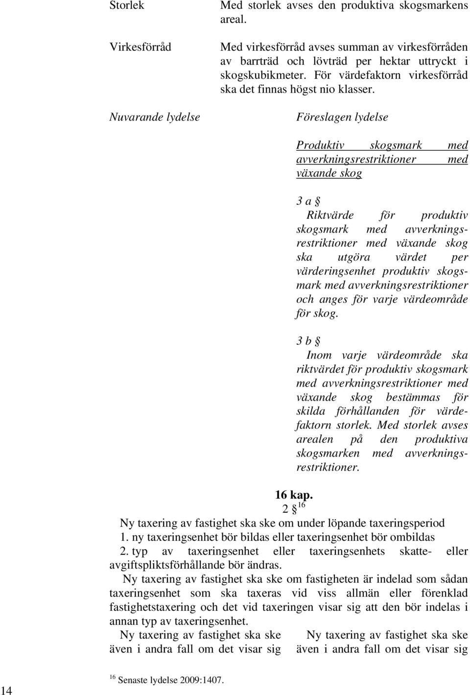 Föreslagen lydelse Produktiv skogsmark med avverkningsrestriktioner med växande skog 3 a Riktvärde för produktiv skogsmark med avverkningsrestriktioner med växande skog ska utgöra värdet per