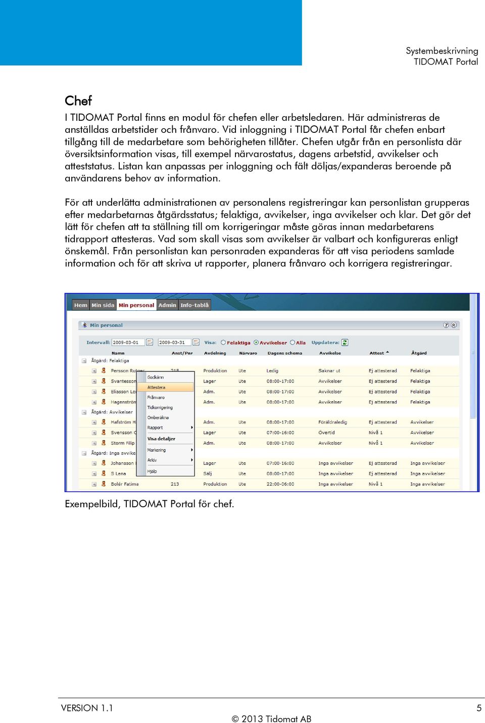 Chefen utgår från en personlista där översiktsinformation visas, till exempel närvarostatus, dagens arbetstid, avvikelser och atteststatus.