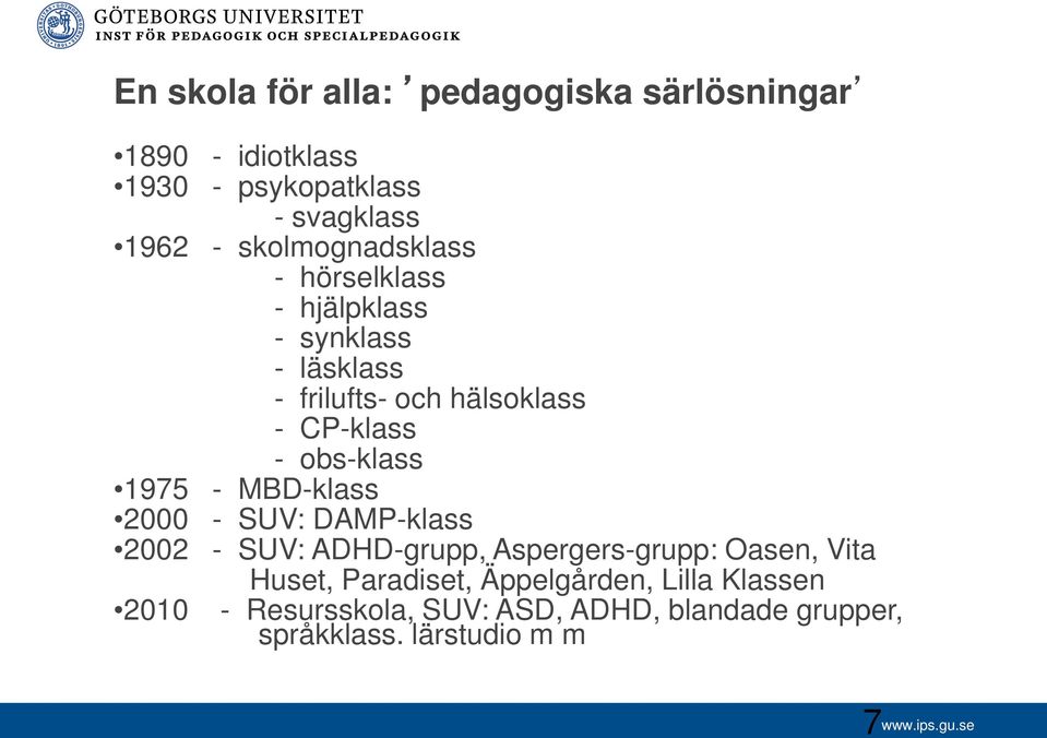 obs-klass 1975 - MBD-klass 2000 - SUV: DAMP-klass 2002 - SUV: ADHD-grupp, Aspergers-grupp: Oasen, Vita Huset,