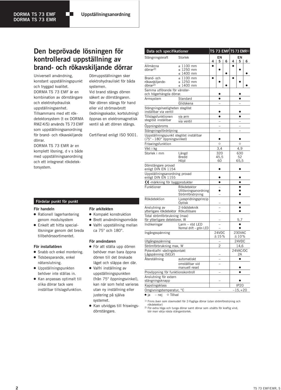 Tillsammans med ett rökdetektorsstem (t ex DOA Z-K/S) används TS 73 EMF som uppställningsanordning för brand- och rökavskiljande dörrar.