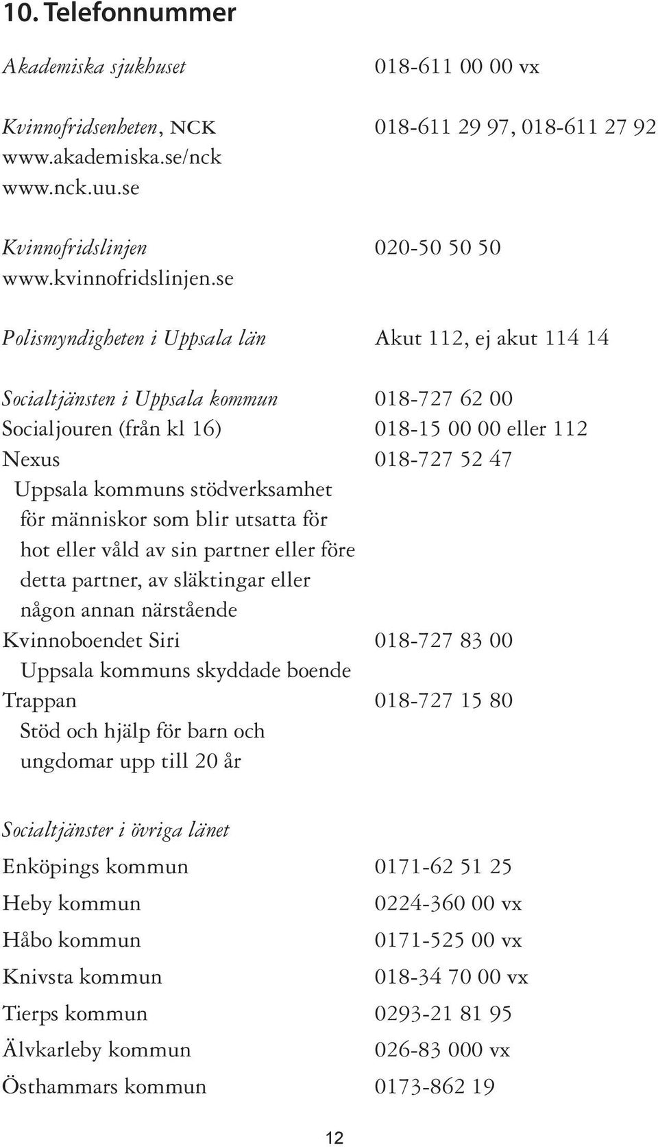 stödverksamhet för människor som blir utsatta för hot eller våld av sin partner eller före detta partner, av släktingar eller någon annan närstående Kvinnoboendet Siri 018-727 83 00 Uppsala kommuns