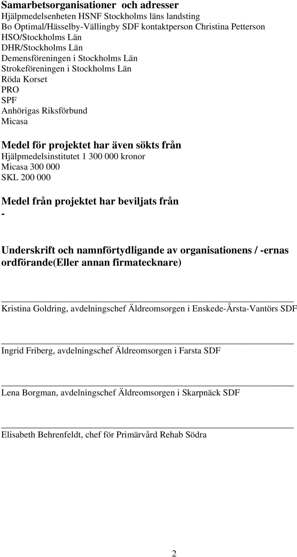 Micasa 300 000 SKL 200 000 Medel från projektet har beviljats från - Underskrift och namnförtydligande av organisationens / -ernas ordförande(eller annan firmatecknare) Kristina Goldring,