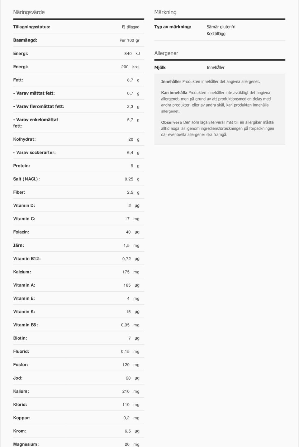 Varav mättat fett: 0,7 g Varav fleromättat fett: 2,3 g Kan innehålla Produkten innehåller inte avsiktligt det angivna allergenet, men på grund av att produktionsmedlen delas med andra produkter,