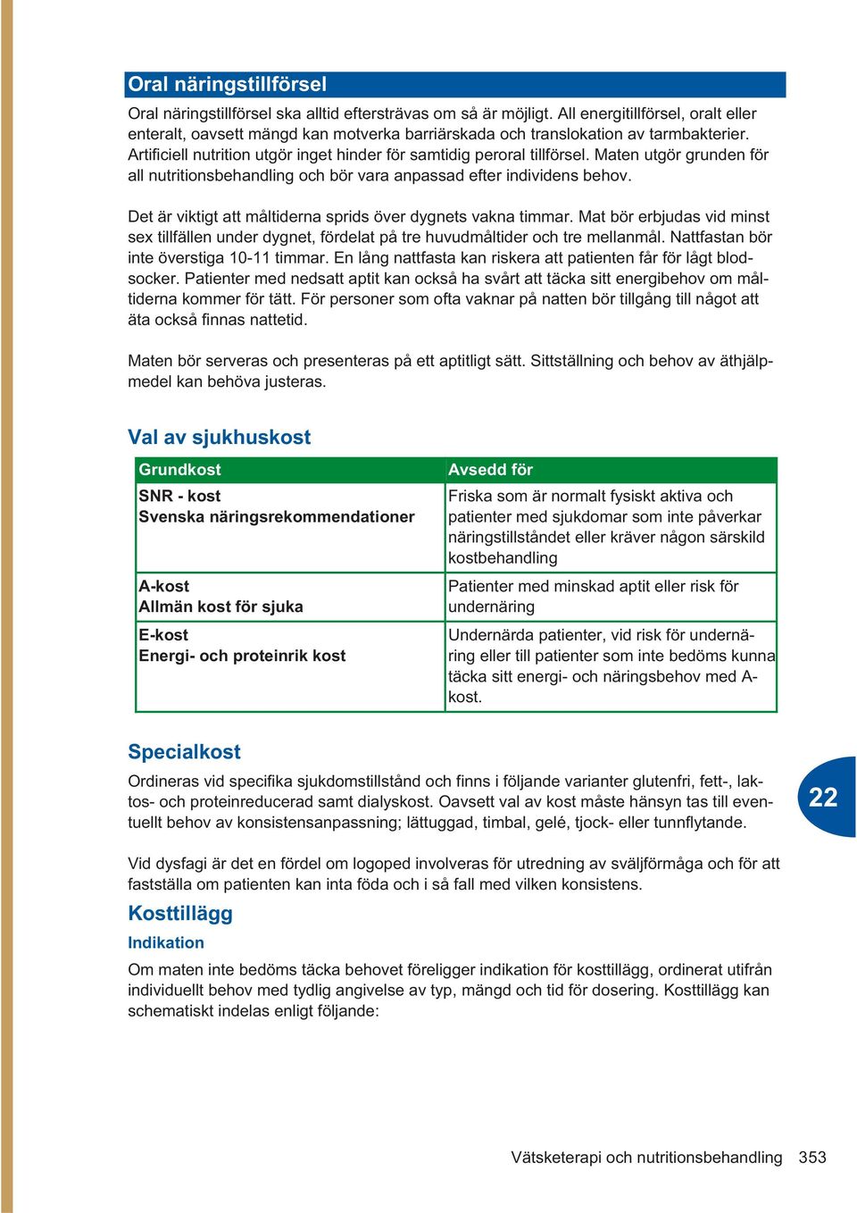 Maten utgör grunden för all nutritionsbehandling och bör vara anpassad efter individens behov. Det är viktigt att måltiderna sprids över dygnets vakna timmar.