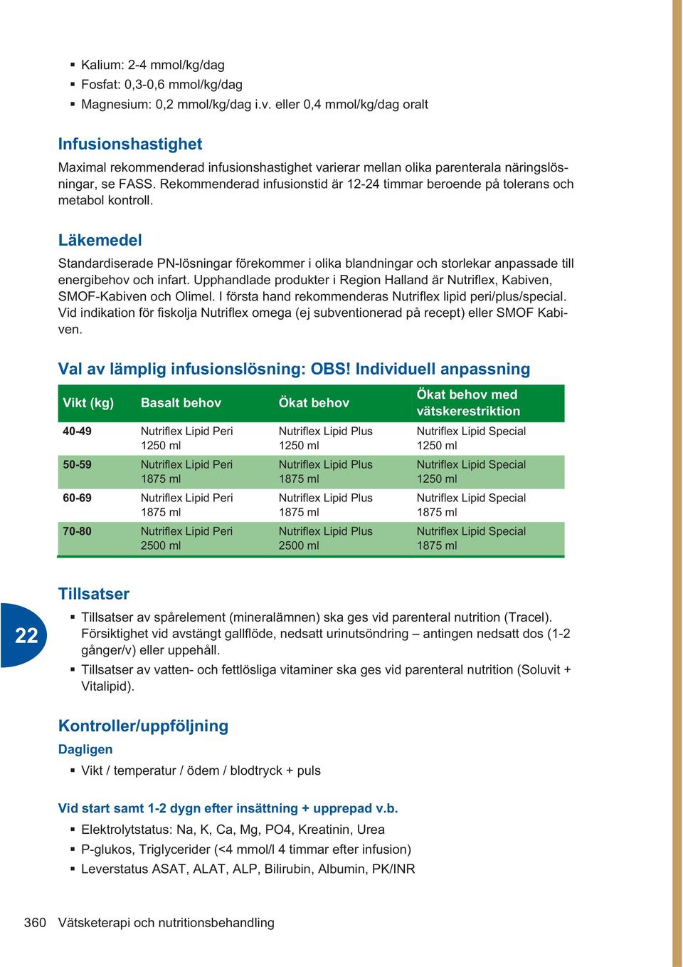 Rekommenderad infusionstid är 12-24 timmar beroende på tolerans och metabol kontroll.