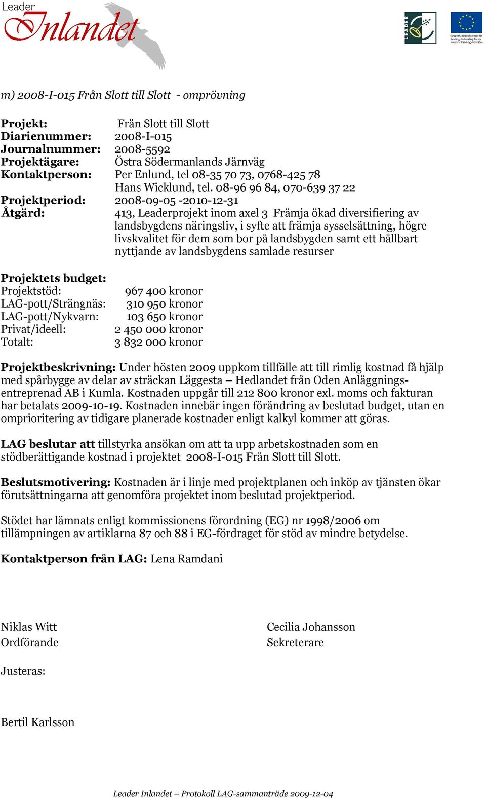 08-96 96 84, 070-639 37 22 Projektperiod: 2008-09-05-2010-12-31 Projektstöd: 967 400 kronor LAG-pott/Strängnäs: 310 950 kronor LAG-pott/Nykvarn: 103 650 kronor 2 450 000 kronor 3 832 000 kronor