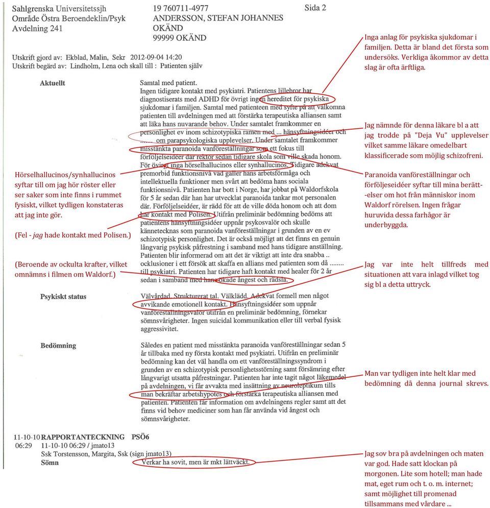 Hörselhallucinos/synhallucinos syftar till om jag hör röster eller ser saker som inte finns i rummet fysiskt, vilket tydligen konstateras att jag inte gör. (Fel - jag hade kontakt med Polisen.