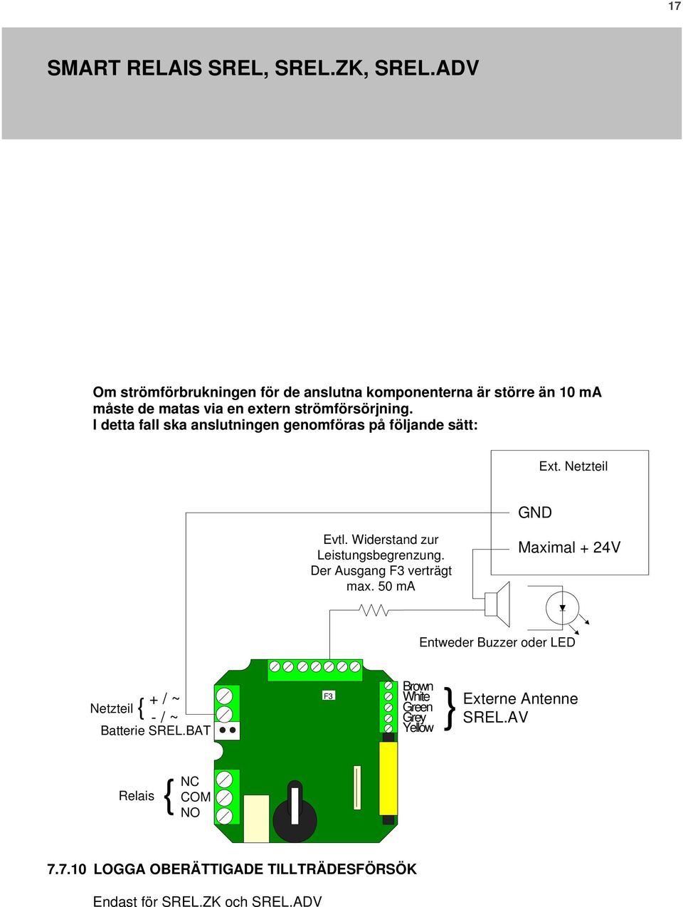 Der Ausgang F3 verträgt max. 50 ma Maximal + 24V Entweder Buzzer oder LED + / ~ Netzteil { - / ~ Batterie SREL.