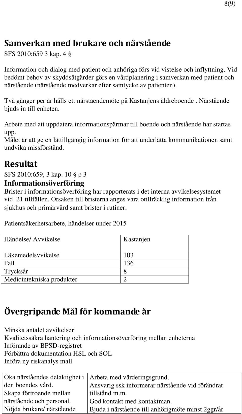 Två gånger per år hålls ett närståendemöte på Kastanjens äldreboende. Närstående bjuds in till enheten. Arbete med att uppdatera informationspärmar till boende och närstående har startas upp.