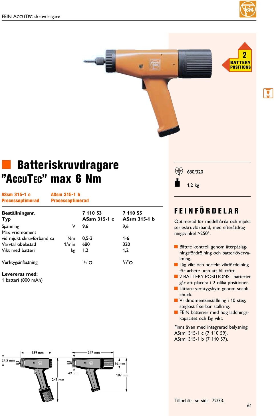 /min 680 20 Vikt med batteri kg,2,2 Verktygsinfästning /4"A /4"A evereras med: batteri (800 mah) 7 0 55 ASsm 5- b K 680/20 F,2 kg FEINFÖRDEAR Optimerad för medelhårda och mjuka serieskruvförband, med