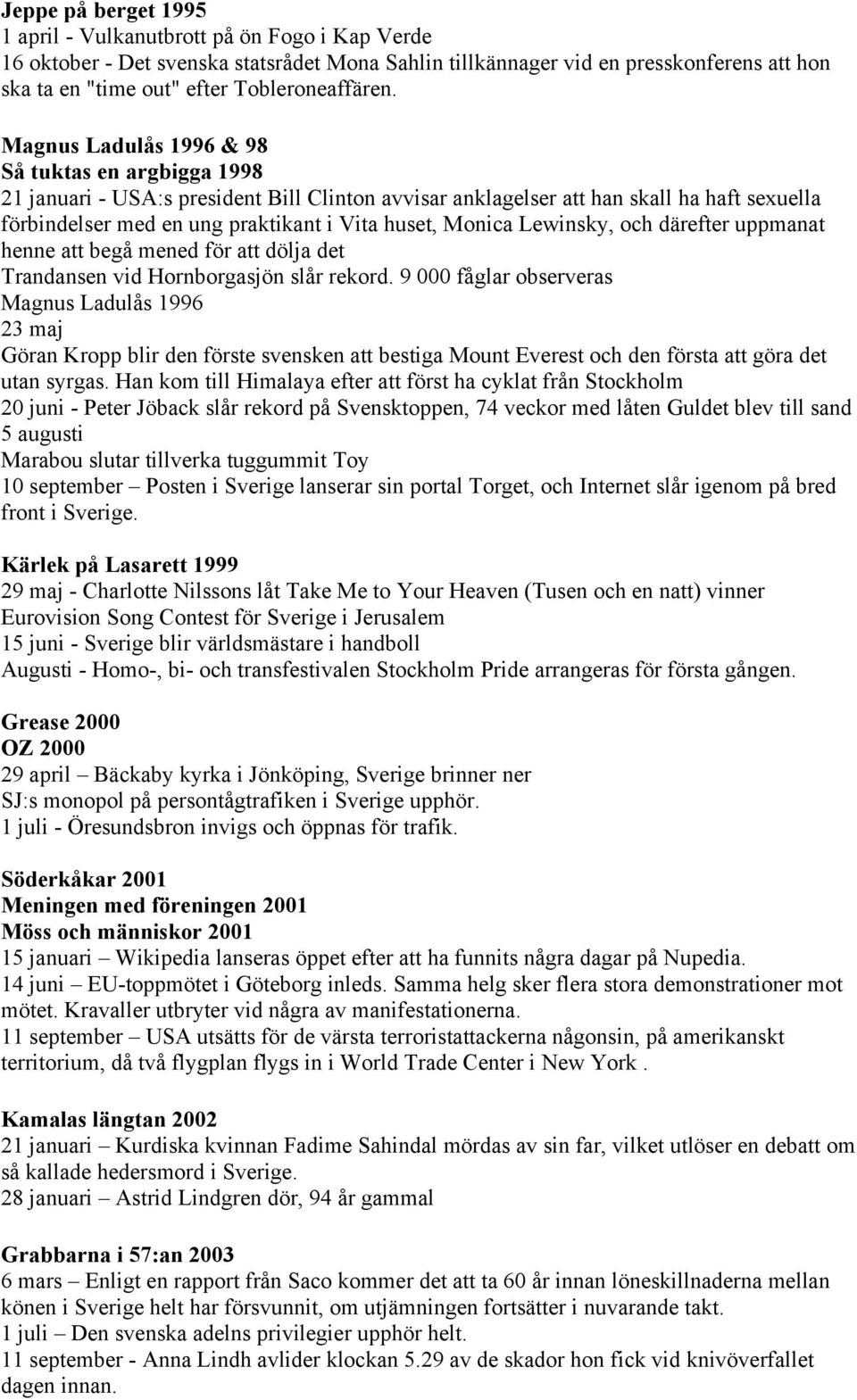 Magnus Ladulås 1996 & 98 Så tuktas en argbigga 1998 21 januari - USA:s president Bill Clinton avvisar anklagelser att han skall ha haft sexuella förbindelser med en ung praktikant i Vita huset,