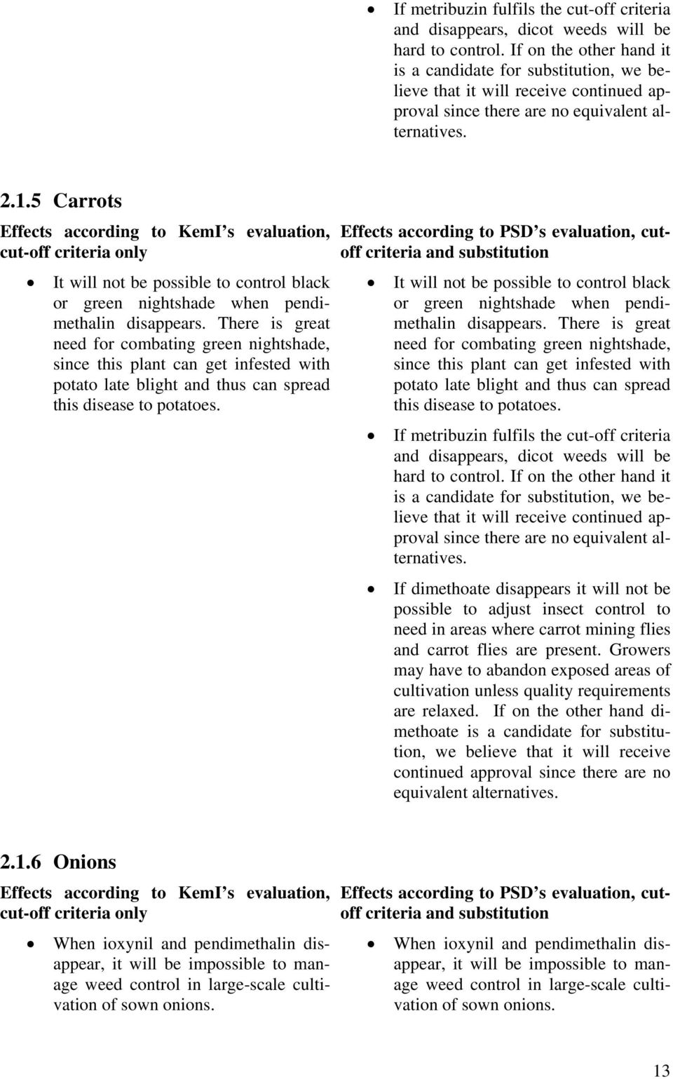 5 Carrots Effects according to KemI s evaluation, cut-off criteria only It will not be possible to control black or green nightshade when pendimethalin disappears.