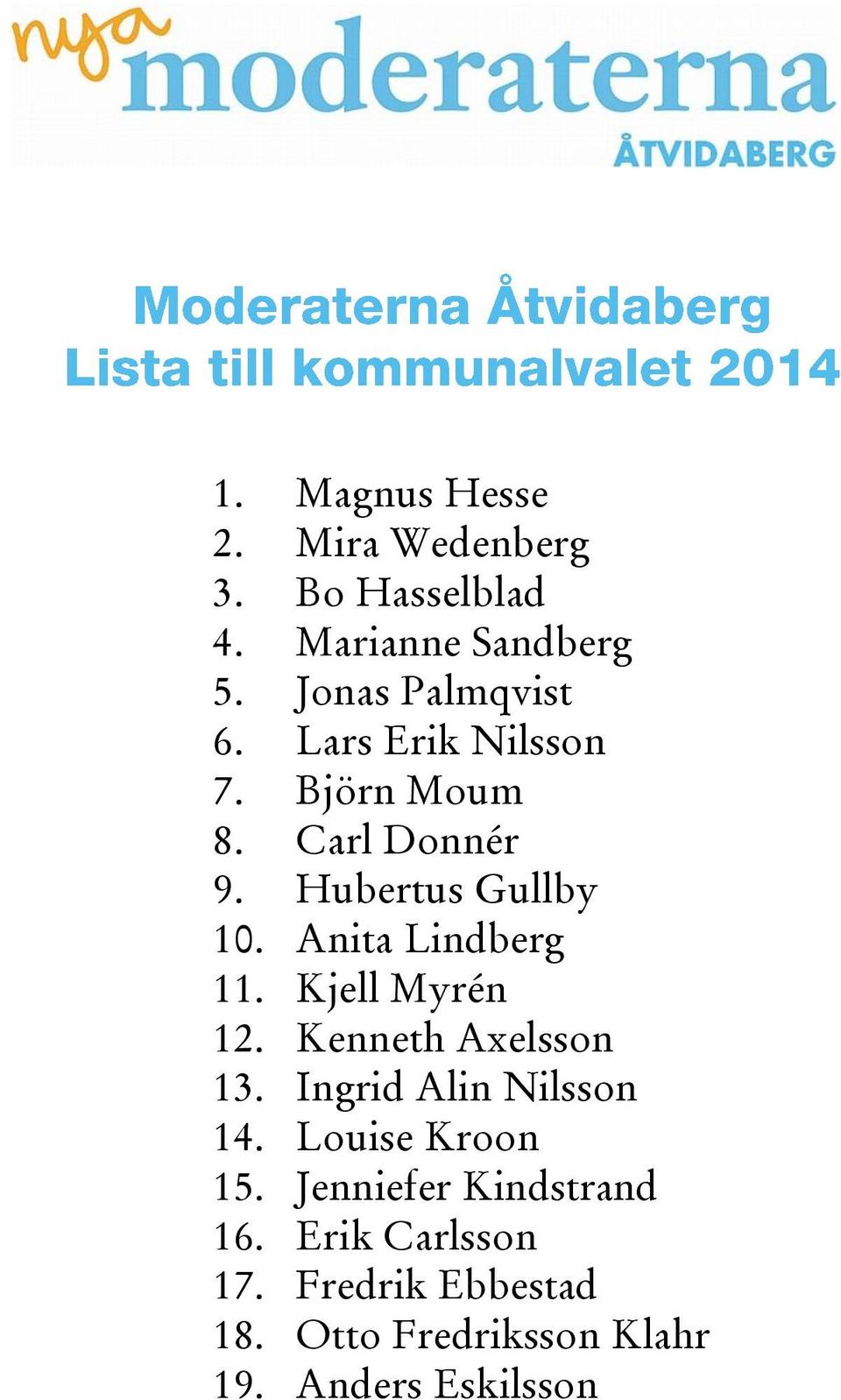 Anita Lindberg 11. Kjell Myrén 12. Kenneth Axelsson 13. Ingrid Alin Nilsson 14.